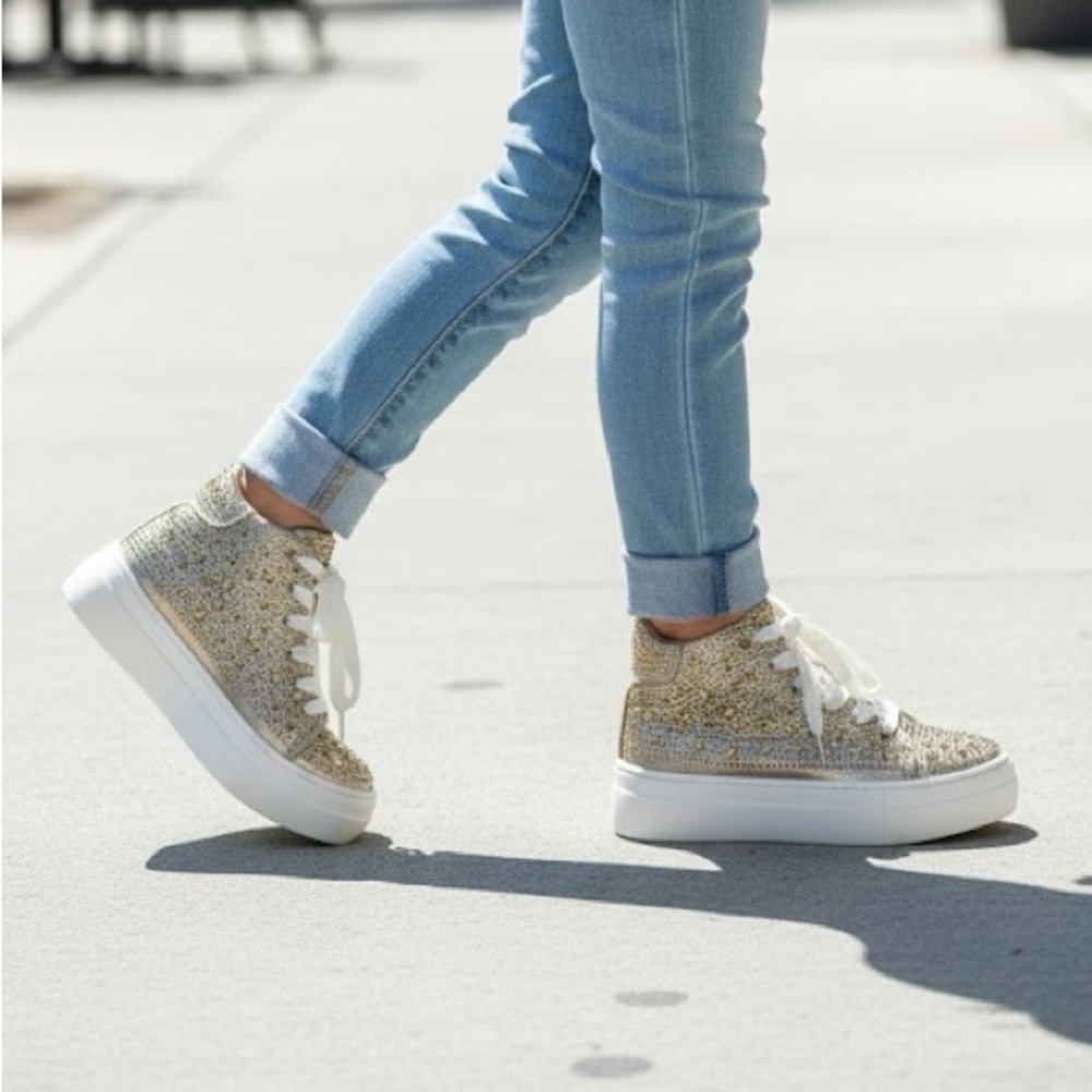Kids Gold Rhinestone Lace-Up High Top Sneakers